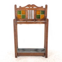 Arts & Crafts Oak Umbrella and Stick Stand with Green and Mustard Tiles c.1910 - Thumbnail 2