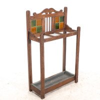 Arts & Crafts Oak Umbrella and Stick Stand with Green and Mustard Tiles c.1910