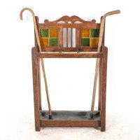 Arts & Crafts Oak Umbrella and Stick Stand with Green and Mustard Tiles c.1910 - Thumbnail 3