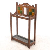 Arts & Crafts Oak Umbrella and Stick Stand with Green and Mustard Tiles c.1910 - Thumbnail 4