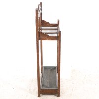 Arts & Crafts Oak Umbrella and Stick Stand with Green and Mustard Tiles c.1910 - Thumbnail 5