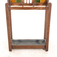Arts & Crafts Oak Umbrella and Stick Stand with Green and Mustard Tiles c.1910 - Thumbnail 11