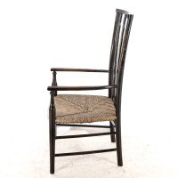 Liberty & Co., Arts & Crafts Rush Seat Armchair with Wavy Shaped Back Slats - Thumbnail 5