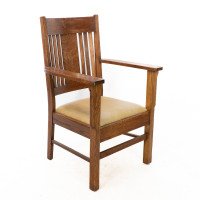L&jg Stickley Arts & Crafts Oak Armchair with Curved Back & Shaped Arm Supports - Thumbnail 1