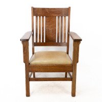 L&jg Stickley Arts & Crafts Oak Armchair with Curved Back & Shaped Arm Supports - Thumbnail 2