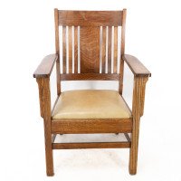 L&jg Stickley Arts & Crafts Oak Armchair with Curved Back & Shaped Arm Supports - Thumbnail 6