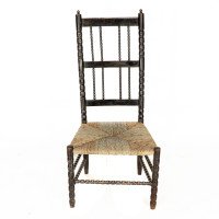Ernest Gimson. Rare Cotswold School Ebonised Bobbin Turned Rush Seat Low Chair - Thumbnail 2
