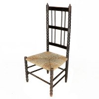 Ernest Gimson. Rare Cotswold School Ebonised Bobbin Turned Rush Seat Low Chair - Thumbnail 3