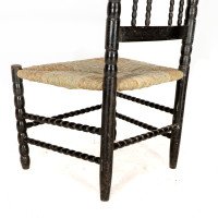Ernest Gimson. Rare Cotswold School Ebonised Bobbin Turned Rush Seat Low Chair - Thumbnail 15
