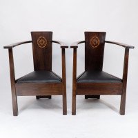 M. H. Baillie Scott a Pair of Arts & Crafts Armchairs With Foliate & Ribbon Inlays - Thumbnail 2
