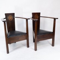 M H Baillie Scott A Pair of Arts & Crafts Armchairs With Foliate & Ribbon Inlays - Thumbnail 1