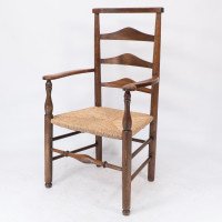 C. R. Ashbee attr. Arts & Crafts Oak ladder back Armchair with re-rushed seat - Thumbnail 3