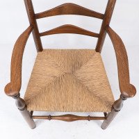 C. R. Ashbee attr. Arts & Crafts Oak ladder back Armchair with re-rushed seat - Thumbnail 9