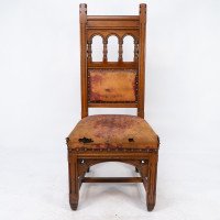 Bruce Talbert. A Gothic Revival Tall Back Oak Chair with the Original Upholstery - Thumbnail 2