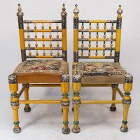 Indian Rajasthani a Pair of Polychrome Painted Chairs with Gilt Chord Embroidery - Thumbnail 2