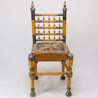 Indian Rajasthani a Pair of Polychrome Painted Chairs with Gilt Chord Embroidery - Thumbnail 4