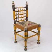 Indian Rajasthani a Pair of Polychrome Painted Chairs with Gilt Chord Embroidery - Thumbnail 3