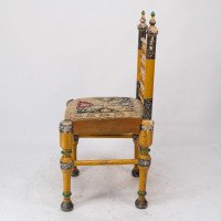 Indian Rajasthani a Pair of Polychrome Painted Chairs with Gilt Chord Embroidery - Thumbnail 6