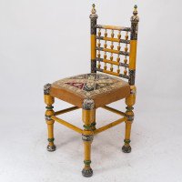 Indian Rajasthani a Pair of Polychrome Painted Chairs with Gilt Chord Embroidery - Thumbnail 5