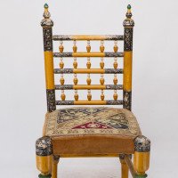 Indian Rajasthani a Pair of Polychrome Painted Chairs with Gilt Chord Embroidery - Thumbnail 8
