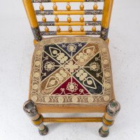 Indian Rajasthani a Pair of Polychrome Painted Chairs with Gilt Chord Embroidery - Thumbnail 10