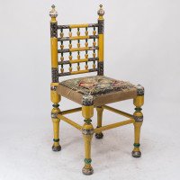 Indian Rajasthani a Pair of Polychrome Painted Chairs with Gilt Chord Embroidery - Thumbnail 11