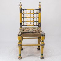 Indian Rajasthani a Pair of Polychrome Painted Chairs with Gilt Chord Embroidery - Thumbnail 12