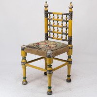Indian Rajasthani a Pair of Polychrome Painted Chairs with Gilt Chord Embroidery - Thumbnail 13