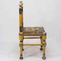 Indian Rajasthani a Pair of Polychrome Painted Chairs with Gilt Chord Embroidery - Thumbnail 15
