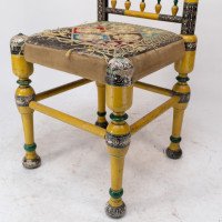 Indian Rajasthani a Pair of Polychrome Painted Chairs with Gilt Chord Embroidery - Thumbnail 16