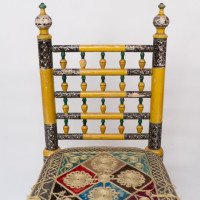 Indian Rajasthani a Pair of Polychrome Painted Chairs with Gilt Chord Embroidery - Thumbnail 18