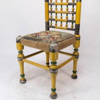 Indian Rajasthani a Pair of Polychrome Painted Chairs with Gilt Chord Embroidery - Thumbnail 17
