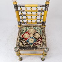 Indian Rajasthani a Pair of Polychrome Painted Chairs with Gilt Chord Embroidery - Thumbnail 19