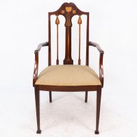 Liberty & Co., Arts & Crafts Mahogany Armchair with Fruitwood Floral Inlaid Decor - Thumbnail 2