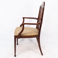 Liberty & Co., Arts & Crafts Mahogany Armchair with Fruitwood Floral Inlaid Decor - Thumbnail 4