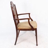 Liberty & Co., Arts & Crafts Mahogany Armchair with Fruitwood Floral Inlaid Decor - Thumbnail 5
