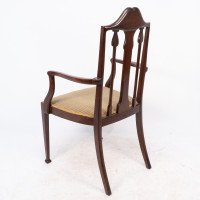 Liberty & Co., Arts & Crafts Mahogany Armchair with Fruitwood Floral Inlaid Decor - Thumbnail 15