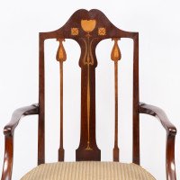 Liberty & Co., Arts & Crafts Mahogany Armchair with Fruitwood Floral Inlaid Decor - Thumbnail 6