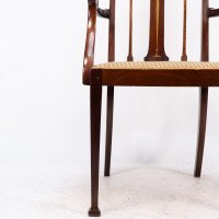 Liberty & Co., Arts & Crafts Mahogany Armchair with Fruitwood Floral Inlaid Decor - Thumbnail 11