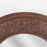 Arts & Crafts Walnut Circular Mirror with Stylised Floral Carved Decoration - Thumbnail 4