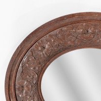 Arts & Crafts Walnut Circular Mirror with Stylised Floral Carved Decoration - Thumbnail 3