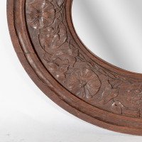 Arts & Crafts Walnut Circular Mirror with Stylised Floral Carved Decoration - Thumbnail 8