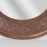 Arts & Crafts Walnut Circular Mirror with Stylised Floral Carved Decoration - Thumbnail 7