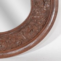 Arts & Crafts Walnut Circular Mirror with Stylised Floral Carved Decoration - Thumbnail 6