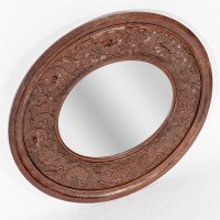 Arts & Crafts Walnut Circular Mirror with Stylised Floral Carved Decoration - Thumbnail 2