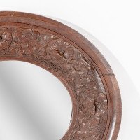 Arts & Crafts Walnut Circular Mirror with Stylised Floral Carved Decoration - Thumbnail 5