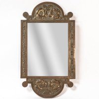 An Arts & Crafts brass mirror with floral and bead decorations - Thumbnail 1