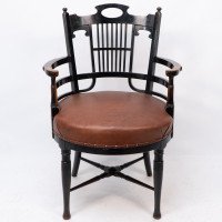 E. W. Godwin, Style Of, anglo-Japanese Ebonised Armchair with Leather Seat - Thumbnail 2