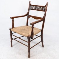 George Bell & George Freeth Roper. Aesthetic Movement Walnut Rush Seat Armchair - Thumbnail 3