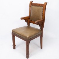 John Pollard Seddon Rare Gothic Oak Armchair with Carved Dog Heads to the Arms - Thumbnail 3